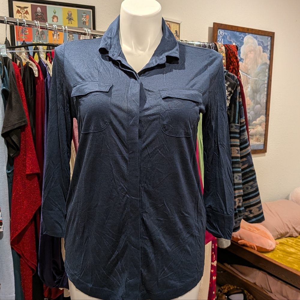 Lands' End Women's Dark Blue Button-Down Shirt - 10/12 M